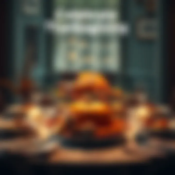 A beautifully set table with a turkey, side dishes, and autumn decorations for Thanksgiving