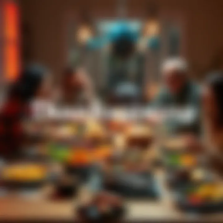 A family gathered around a table filled with Thanksgiving dishes, sharing laughter and love.