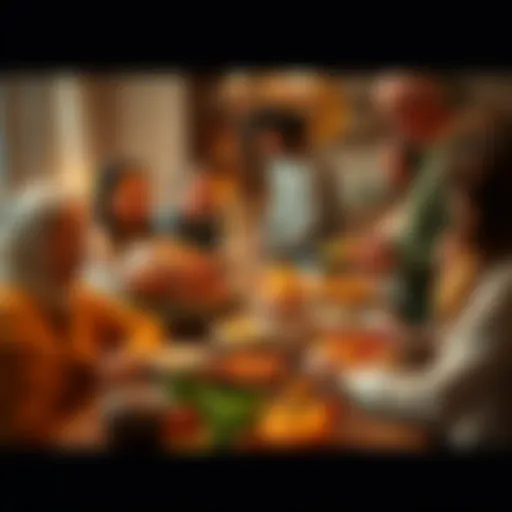 Family and friends gathered around a table filled with Thanksgiving food, sharing smiles and laughter