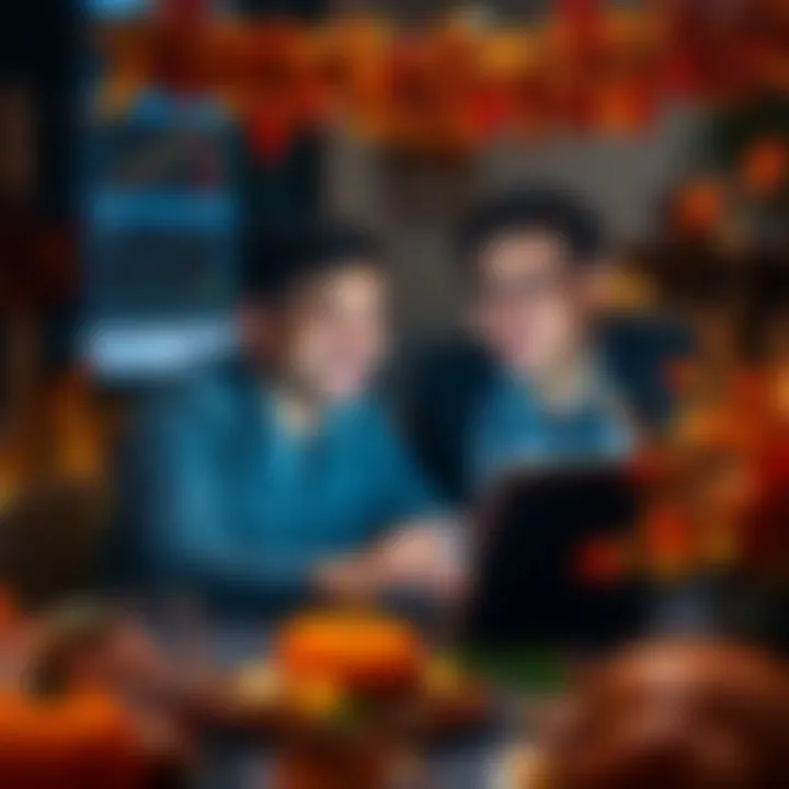 A person smiling while using a laptop to trade on Bitmart, surrounded by fall decorations and a Thanksgiving feast.