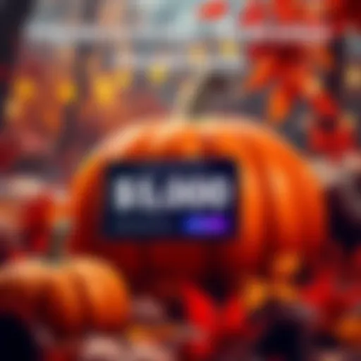 A festive Thanksgiving scene with a large pumpkin and autumn leaves, featuring a digital display showing a $5,000 USDT bonus and VIP trial card details.