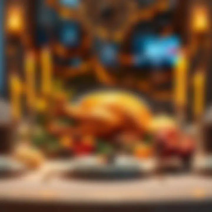 A beautifully set Thanksgiving table featuring a golden turkey, seasonal decorations, and warm candles, symbolizing gratitude and togetherness.