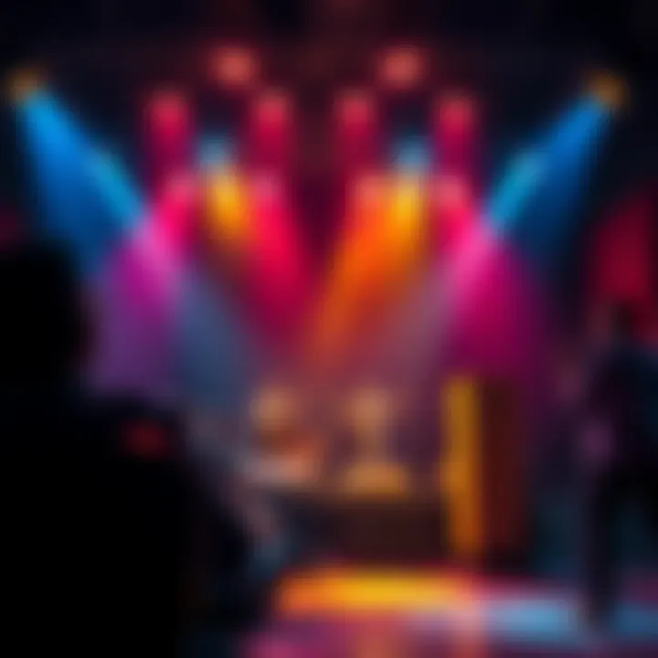 A lively stage scene with actors performing passionately, engaging with the audience, showcasing the essence of entertainment.