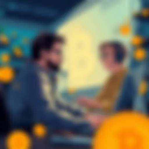 A digital illustration showing two characters representing Hal and Len, discussing in front of a computer with Bitcoin symbols around them, symbolizing the search for Satoshi Nakamoto's identity.