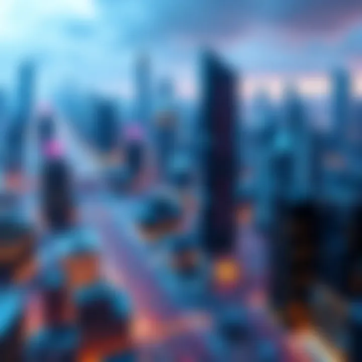 A futuristic cityscape powered by decentralized AI technology and edge computing, showing digital connections and technology integration.