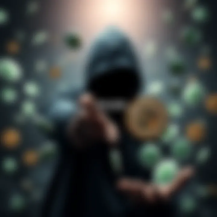 A shadowy figure manipulating digital currency symbols representing stolen Bitcoin, highlighting security concerns in cryptocurrency.