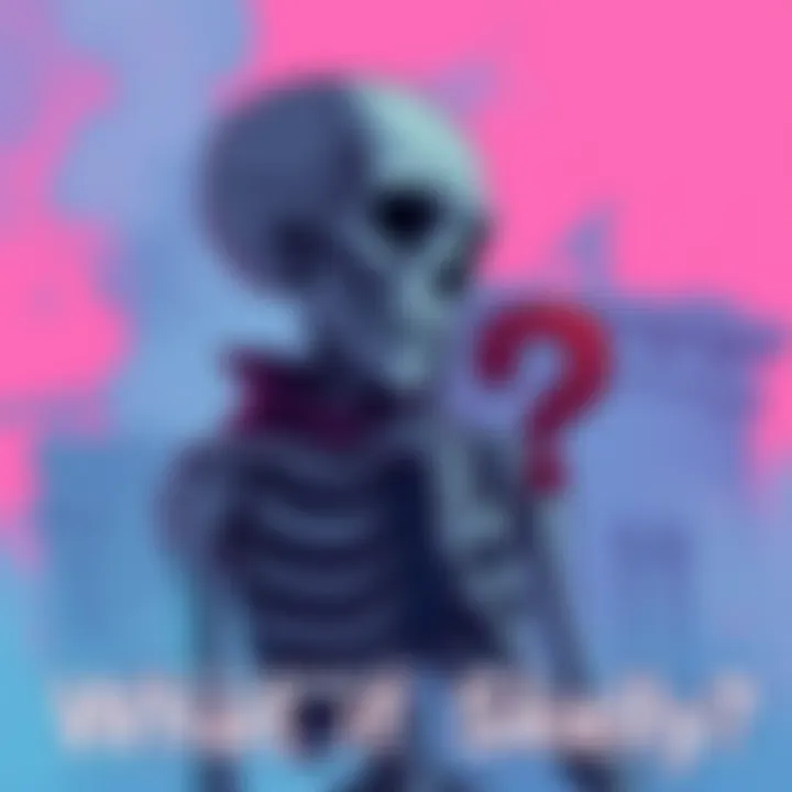 An illustration showing a character named Skelly, featuring a skeletal figure pondering over a question mark, symbolizing deep thought and exploration of ideas.