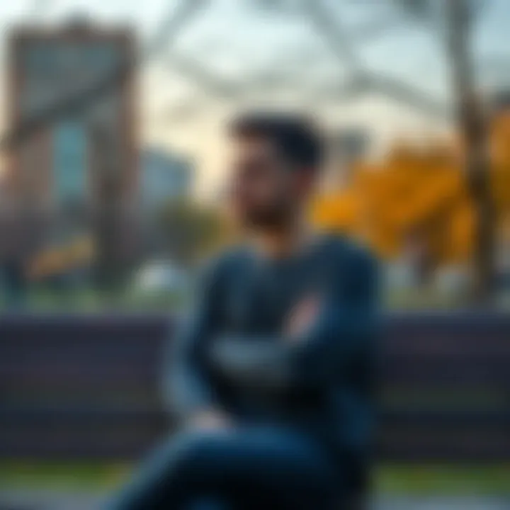 A thoughtful man pondering maturity A man sitting on a bench, deep in thought about maturity and societal expectations, with a city park backdrop
