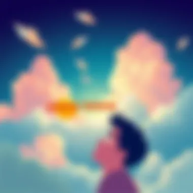 An illustration of a person looking at the sky with hopeful expressions, surrounded by clouds representing dreams and practical thoughts.