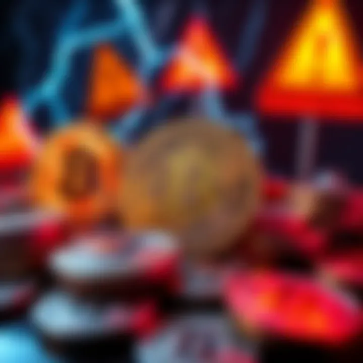 A visual of Bitcoin coins under attack symbols like lightning and warning signs, representing the various threats to its stability