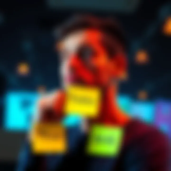 A person thinking with three words written on sticky notes representing a portfolio summary