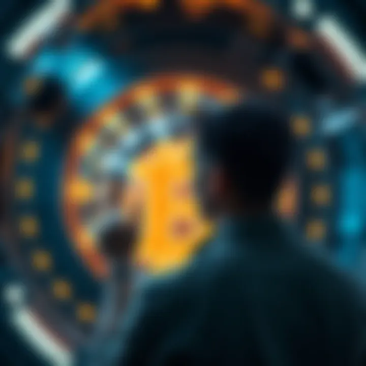 A person looking at a futuristic time machine with Bitcoin symbols around, imagining investing in 2010