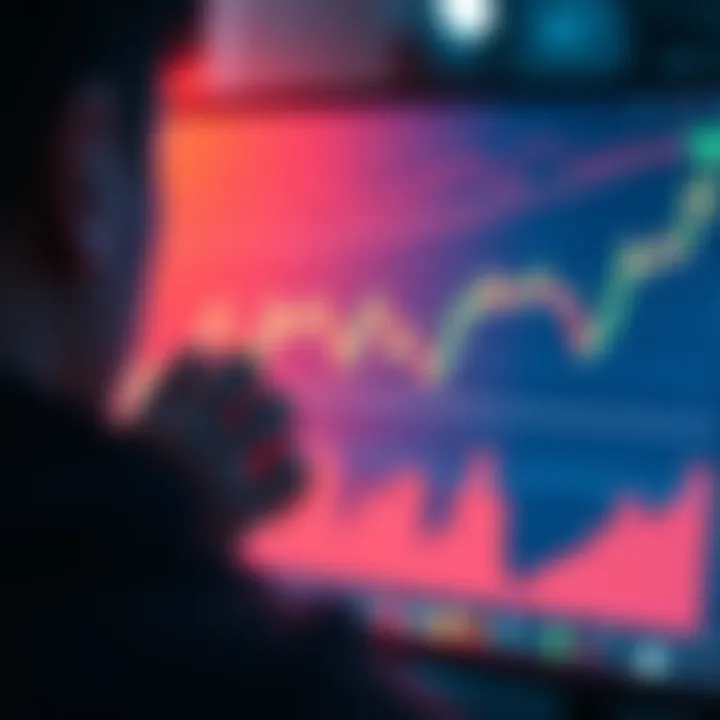 A person looking at a fluctuating cryptocurrency graph on a screen, feeling detached from the chaos around them.