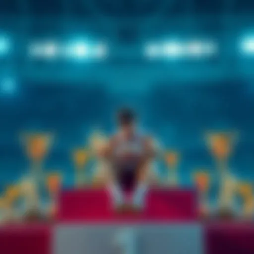 A tired athlete sitting on a podium surrounded by trophies, looking contemplative