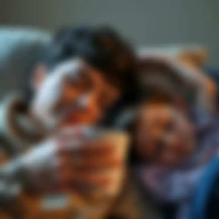 A tired parent holding a coffee cup while a sleepy child leans against them, showing the struggle of maintaining energy and sleep quality