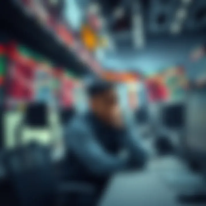 L.A. trader looking anxious at his desk surrounded by glowing screens showing market alerts