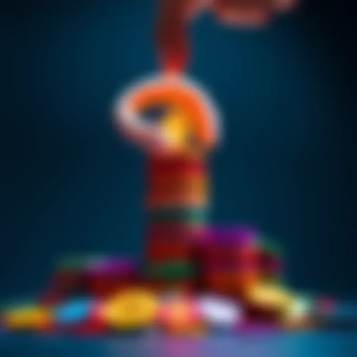 A stack of colorful tokens representing digital assets, with a hand reaching to add more tokens to the pile, symbolizing growth and accumulation.