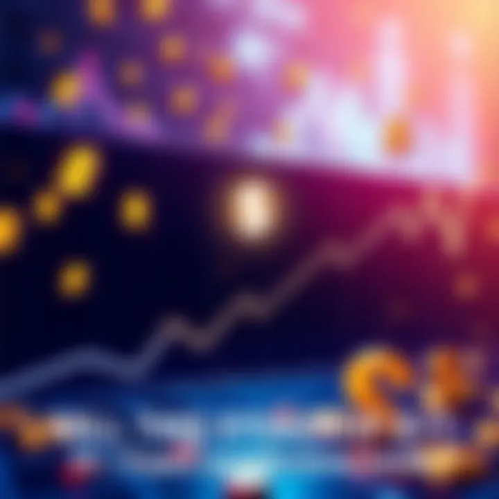 A chart showing the upward trend of a cryptocurrency with a focus on reaching $1, surrounded by dollar signs and arrows, representing investor optimism.