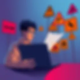 A person looking at a laptop with warning signs related to scams around them, representing caution during a token launch.