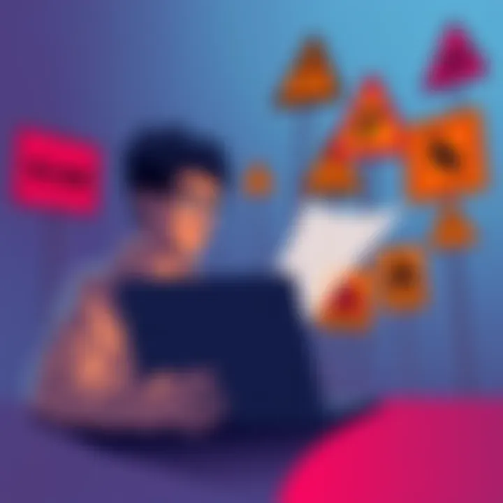 A person looking at a laptop with warning signs related to scams around them, representing caution during a token launch.