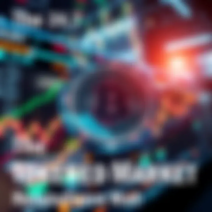 A graphic showing a digital market with stock charts and cryptocurrency symbols representing 24/7 trading