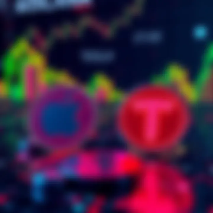 A digital representation of stock icons for Apple and Tesla with a Solana blockchain background