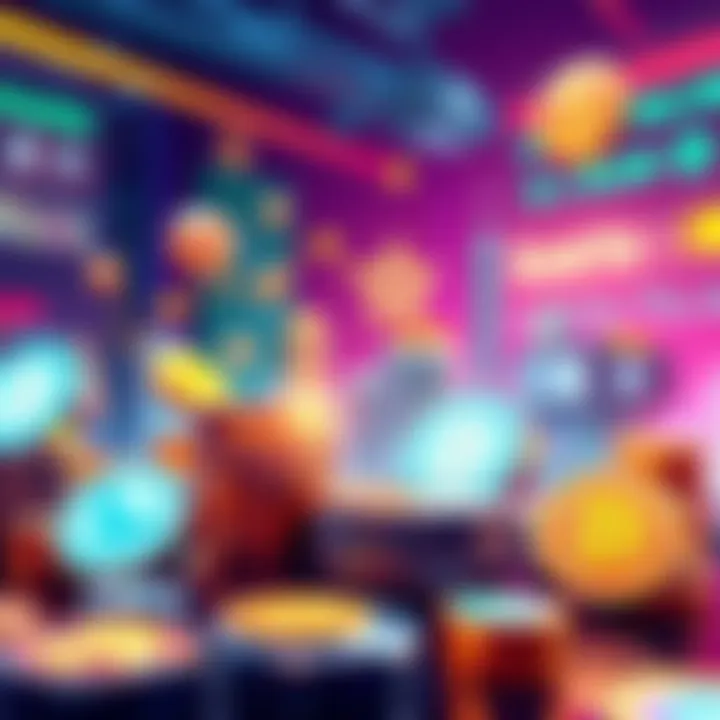 Illustration showing various tokens representing digital assets in a modern economy setting with blockchain motifs