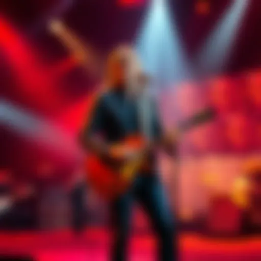Tom Petty on stage with a microphone, guitar in hand, performing 'American Girl' with a lively crowd in the background.