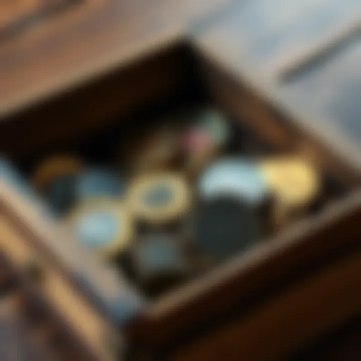 A collection of collectible coins with unique tones located in a wooden box that shows signs of water damage.
