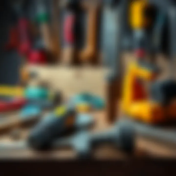 A selection of renovation tools including a drill, hammer, and saw on a workbench