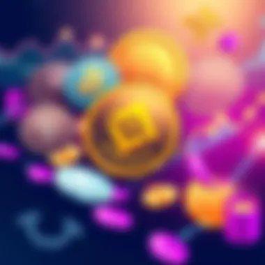 Illustration of various stable coins with a Binance logo, showing growth graphs and savings symbols, representing investment returns