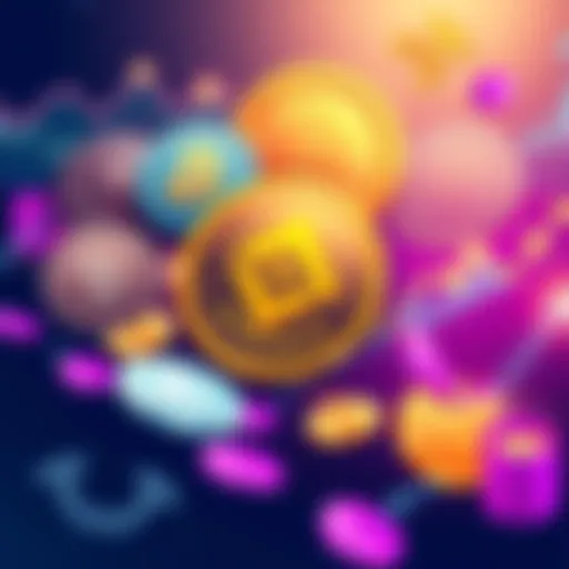 Illustration of various stable coins with a Binance logo, showing growth graphs and savings symbols, representing investment returns