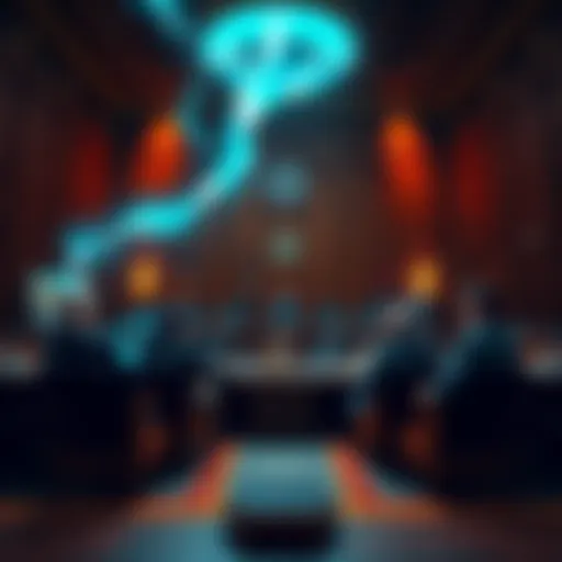 A courtroom scene with judges and lawyers discussing the Tornado Cash case, highlighting the tensions in cryptocurrency regulations.