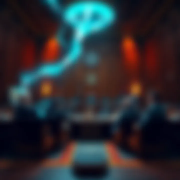 A courtroom scene with judges and lawyers discussing the Tornado Cash case, highlighting the tensions in cryptocurrency regulations.