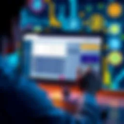A person examining cryptocurrency transactions on a screen, comparing block explorer and wallet activity tabs, with digital currency symbols in the background.