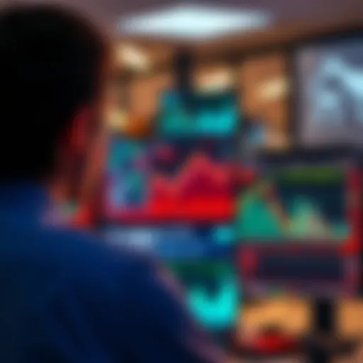 A person looking at multiple screens showing graphs and charts related to DeFi trading and tax calculations