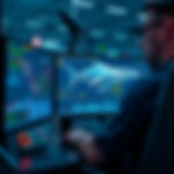 A person monitoring crypto trades on a computer screen with alerts for large trading positions visible