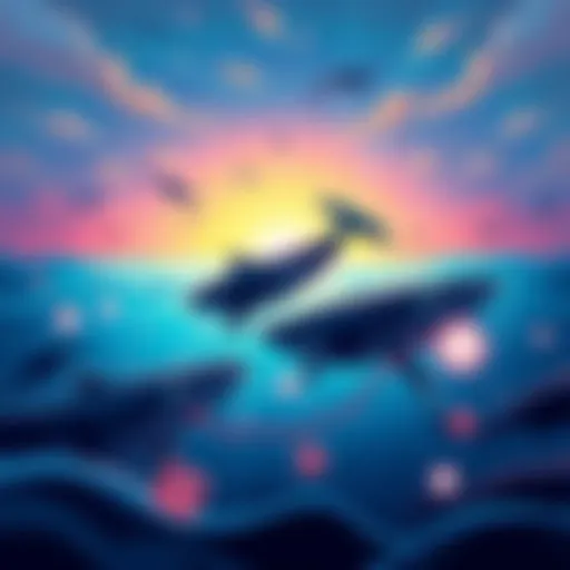 Illustration of whales swimming in the ocean, with digital graphs and wallet icons overlaying the scene, symbolizing tracking in the investment market.