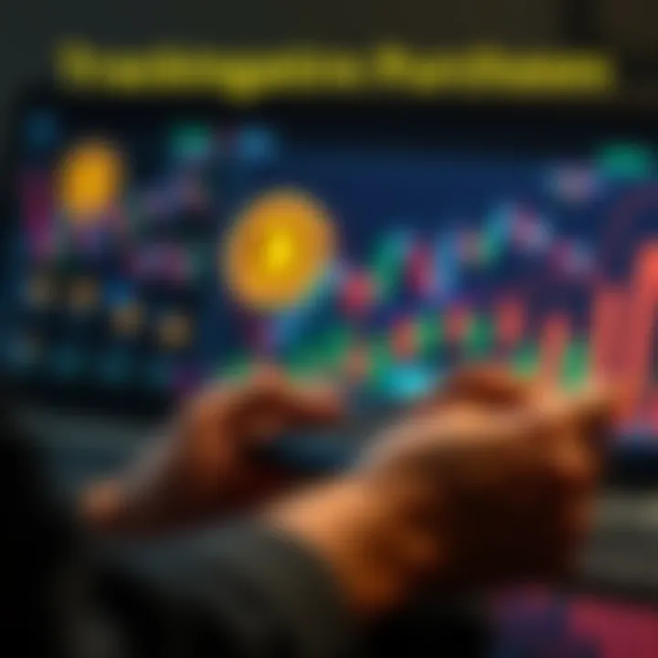 A graphic showing a person using a calculator with Bitcoin symbols and graphs in the background, representing tracking DCA purchases and cost basis.