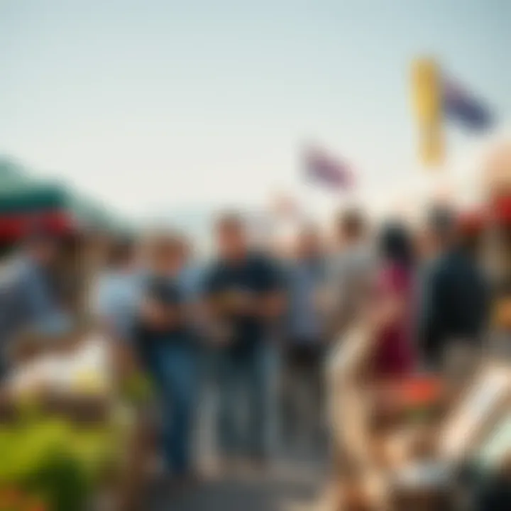 A group of people engaged in a face-to-face trading exchange outdoors in an Australian market setting