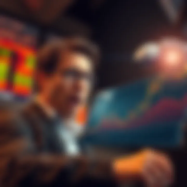 A trader looks at a chart showing rapid gains from an AI trading platform with a look of concern and curiosity