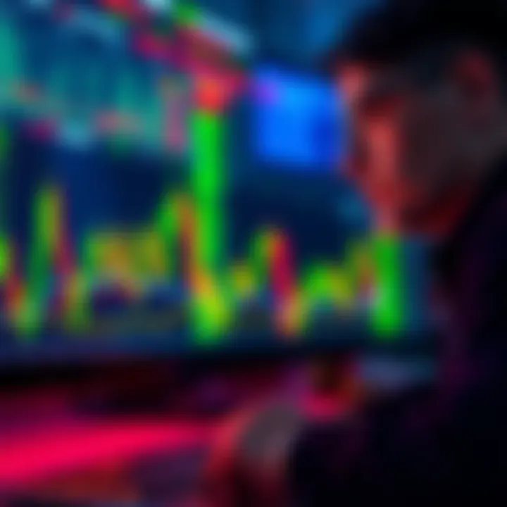 A trader studies green candles on a financial chart while ignoring warning signs in red, symbolizing the risks of blind optimism in trading.