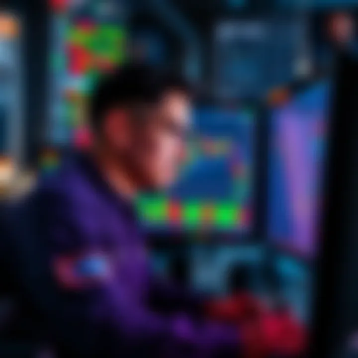 A trader focused on a computer screen displaying market charts and data analysis related to order flow and volume