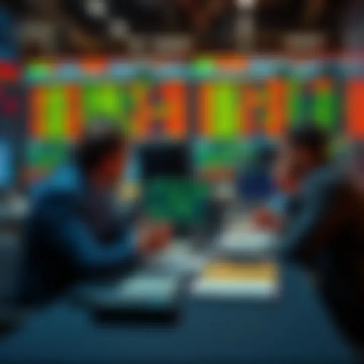 A group of traders engaged in a discussion about market trends and trading strategies around a table