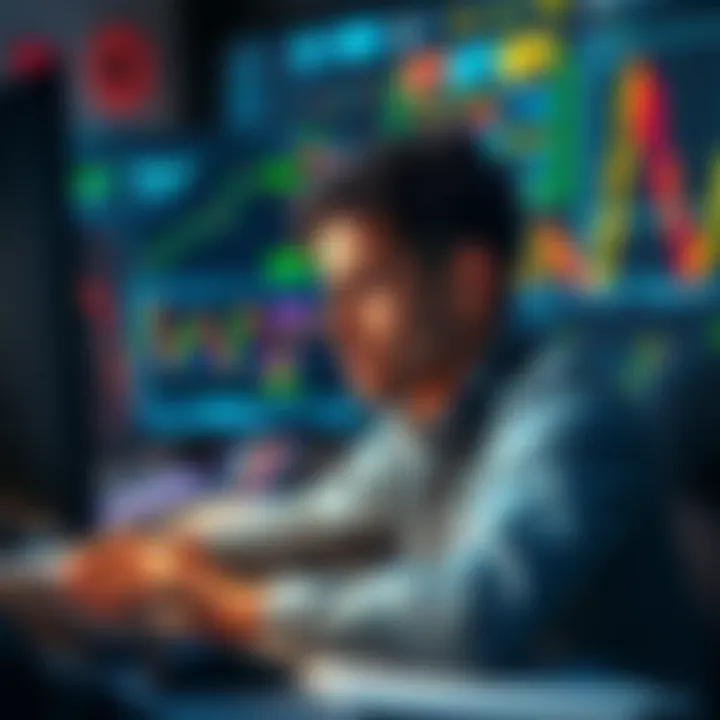 A trader sits at a desk with a bored expression, staring at a computer screen filled with trading charts and graphs, emphasizing the struggle against boredom in trading