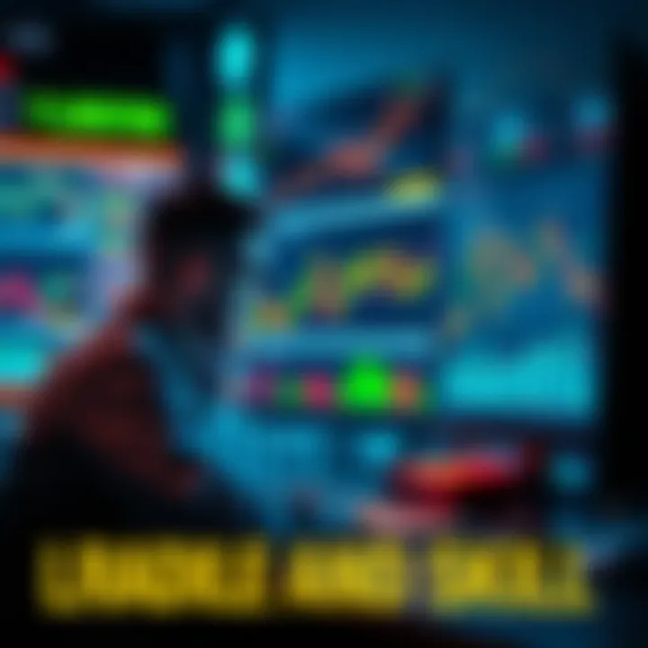Trading Luck and Skill A trader analyzing market trends on a computer screen with charts and graphs, pondering the balance of luck and skill in trading success.