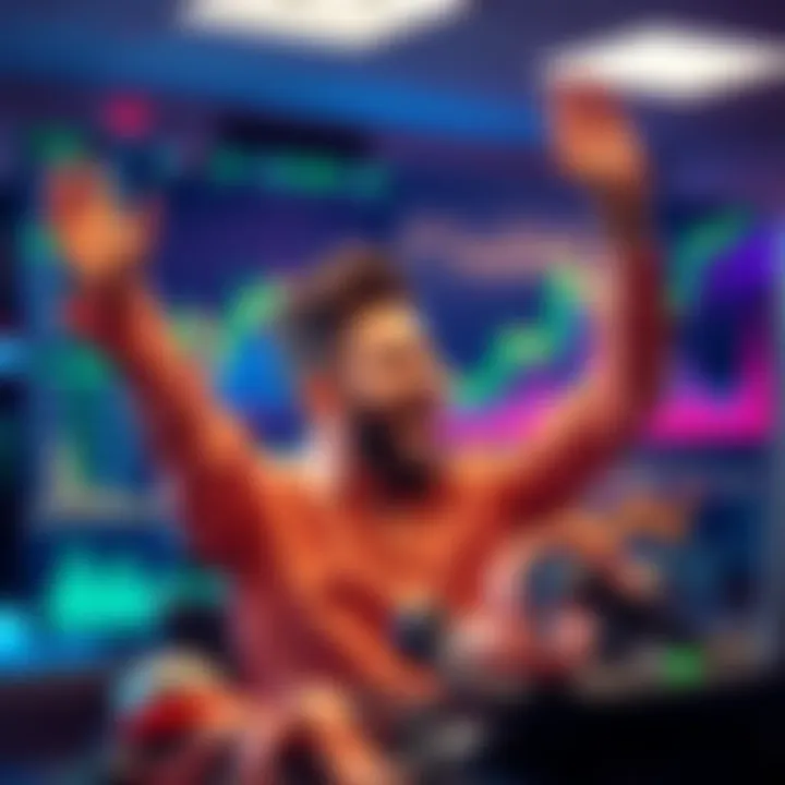 A trader excitedly looking at a screen displaying rising stock charts and profits, symbolizing a successful trading journey from $1,000 to $12,000 in one month.