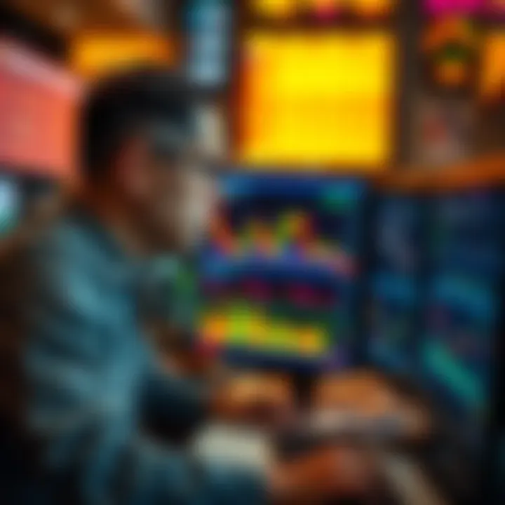 A trader looks at charts and graphs on a computer screen, focusing on long positions in trading strategies.