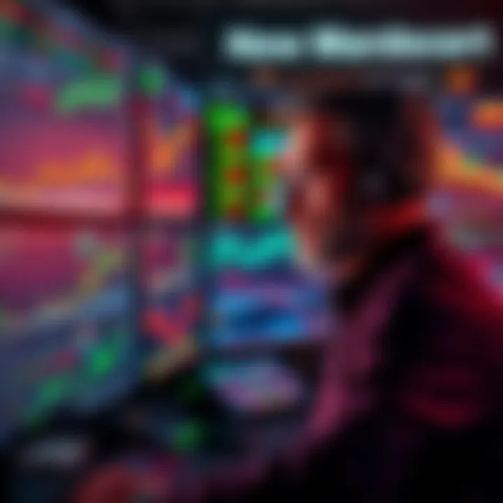 Trader Analyzing Market Trends A trader looks at multiple screens showing crypto market charts and data, expressing a mix of emotions while making decisions.