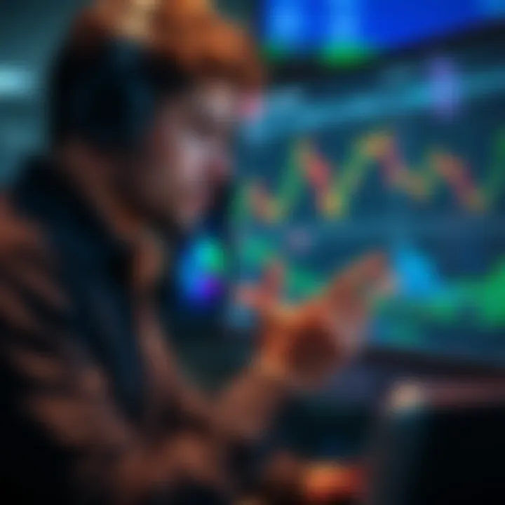A novice trader looking at charts and trading data on a computer screen, focused on comparing active and passive trading strategies.